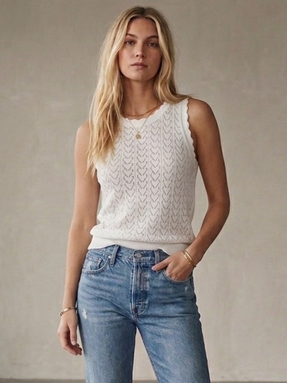 Minnie Rose Heart Pointelle Knit Tank Top Sleeveless Racerback White Size Medium